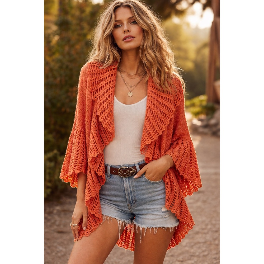 Felicity‎ Orange Mohair Open Knit Crochet Cardigan Bell Sleeve Oversized L Boho